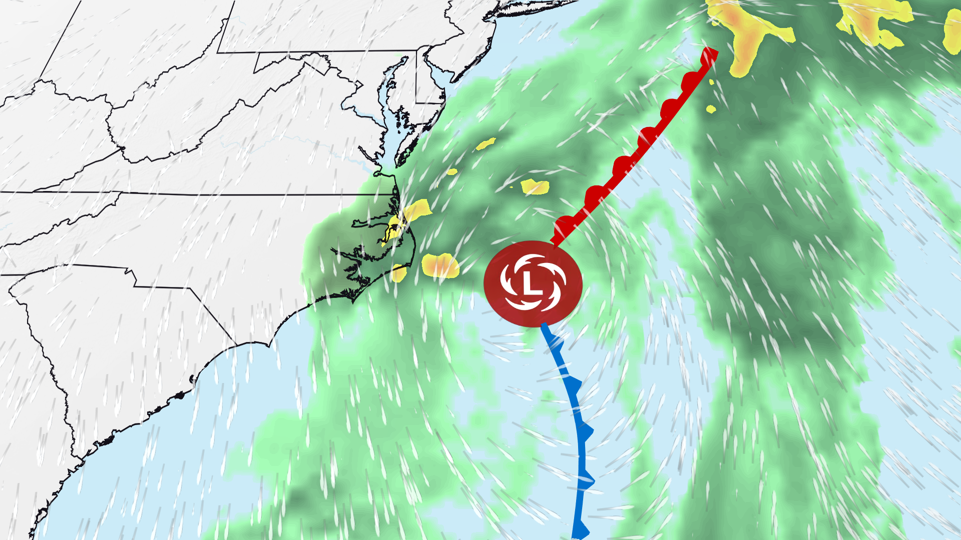 Strong wind gusts (oranges to purples) are likely on Monday afternoon.