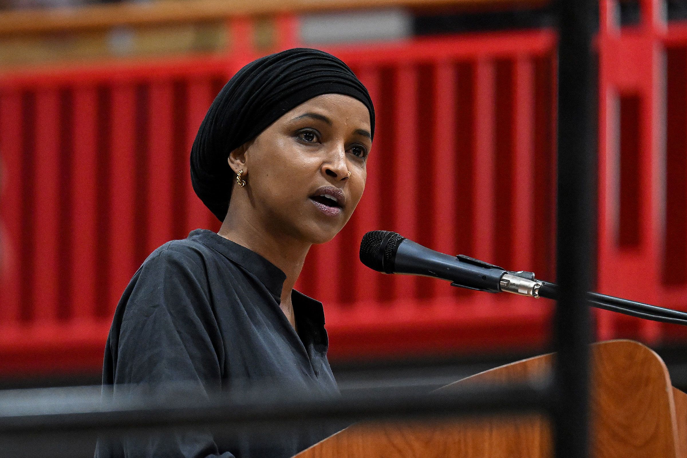 Rep. Ilhan Omar speaks during a campaign rally for Wisconsin gubernatorial candidate Francesca Hong