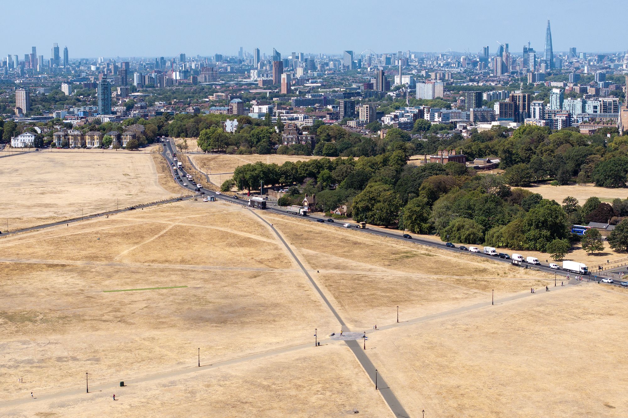 An aerial view of scorched grass in London