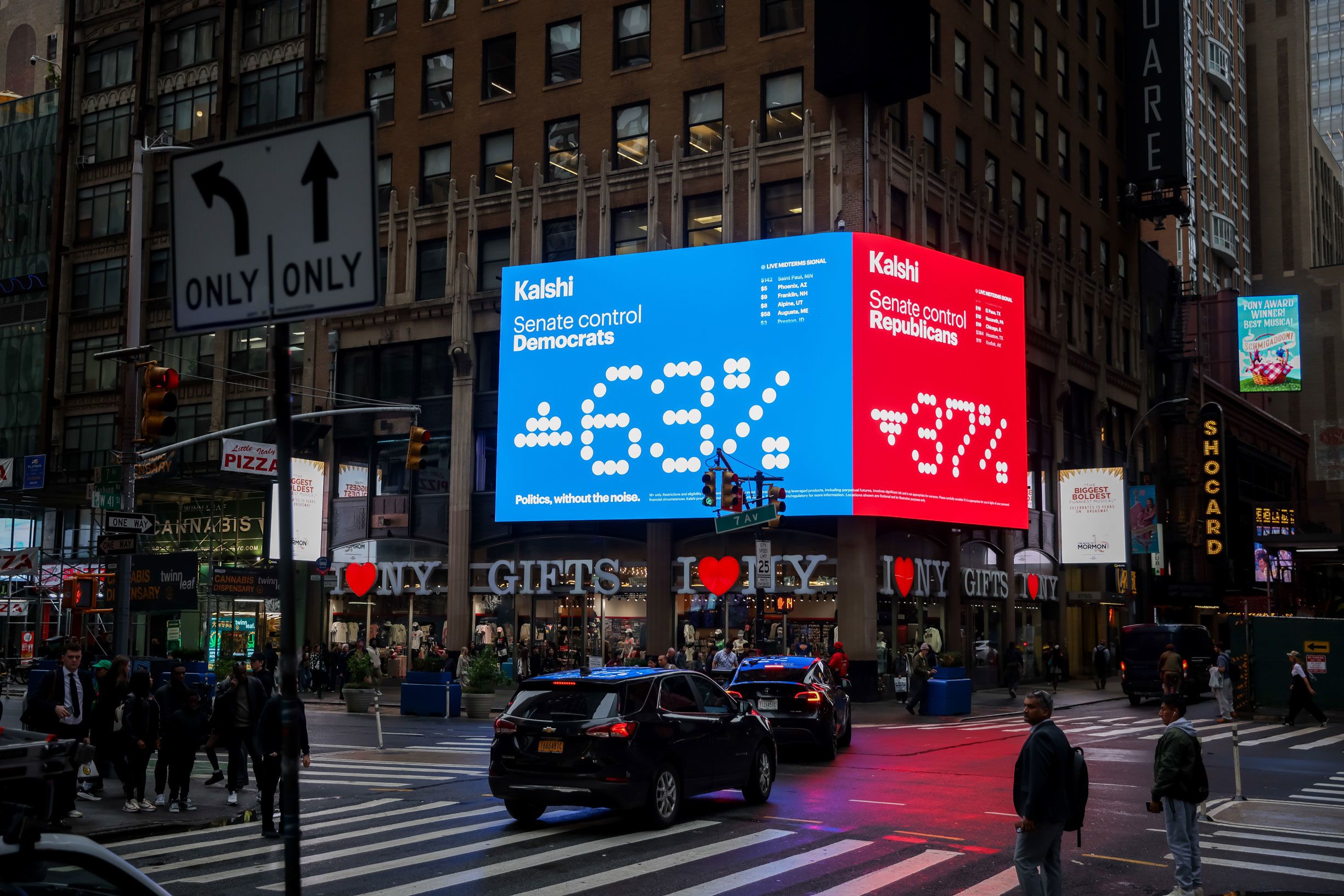 A Kalshi billboard displaying US Senate midterm election odds in New York